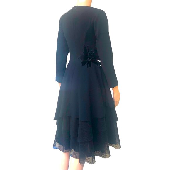 BIANCO NERO Black Fit and Flare Multi-layered Party Dress Floral Appliques Sz S - Picture 5 of 7